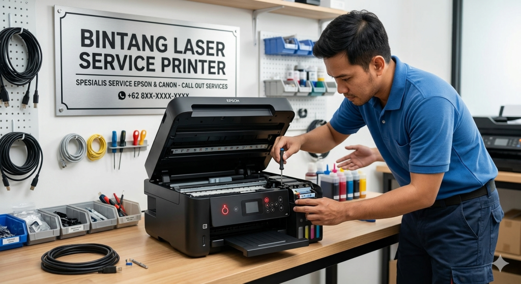 Teknisi Bintang Laser sedang melakukan service printer epson panggilan di Jakarta